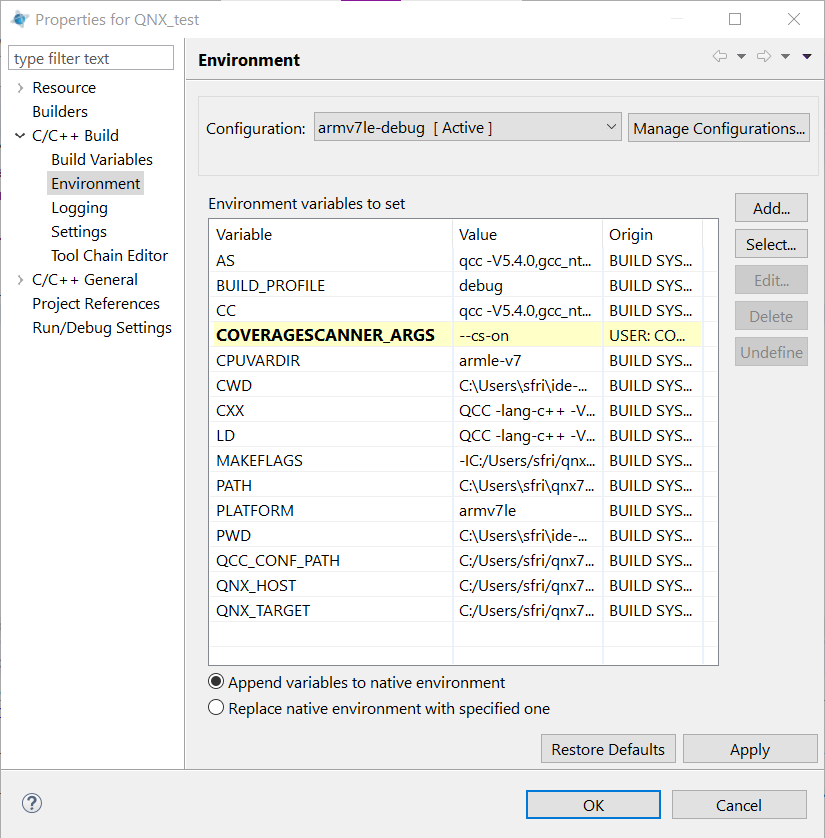 "Project settings on Momentics IDE 7.0"