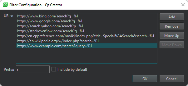 {List of URLs in Filter Configuration dialog}