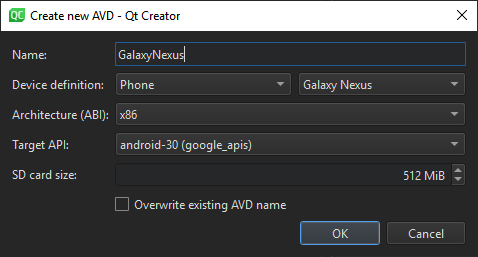 {Create New AVD dialog}