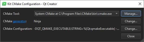 {Kit CMake Configuration dialog}