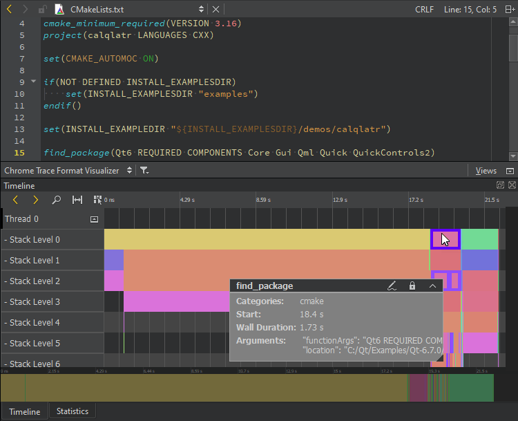 {CMake profiling information in Chrome Trace Format Visualizer}