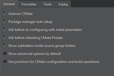 {General tab in CMake Preferences}